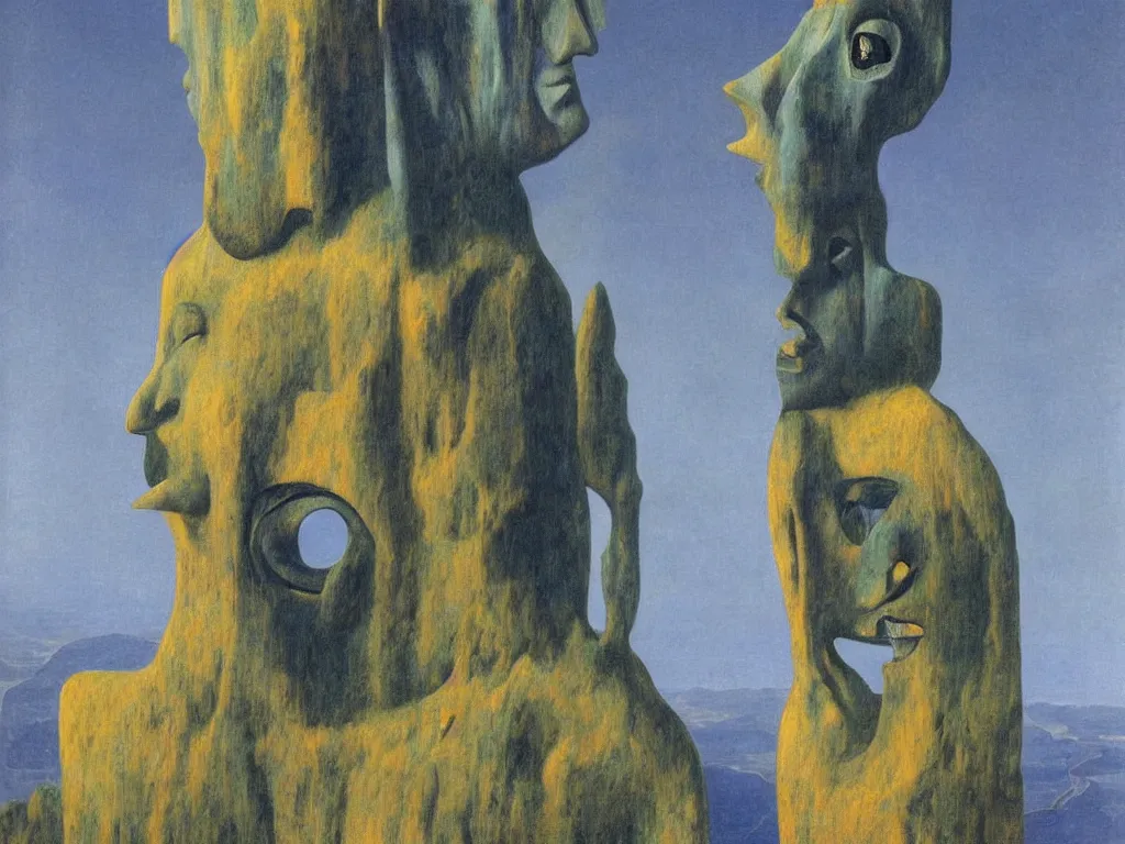 Prompt: African god mask, sculpture, giant, blue eyed, looking from the needle. Boulders of marbled rocks. Painting by Rene Magritte, Jean Delville, Max Ernst, Maria Sybilla Merian, Alfred Kubin