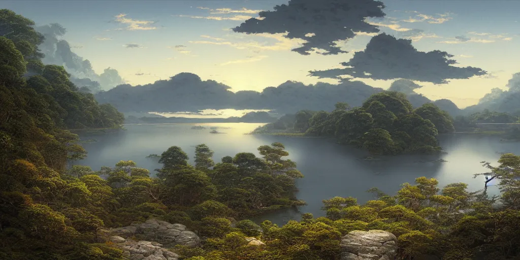 Prompt: an extremely detailed photorealistic matte landscape painting of a scenic Japanese nature reserve during a beautiful evening by John Frederick Kensett, studio Ghibli, trending on Artstation, natural lighting