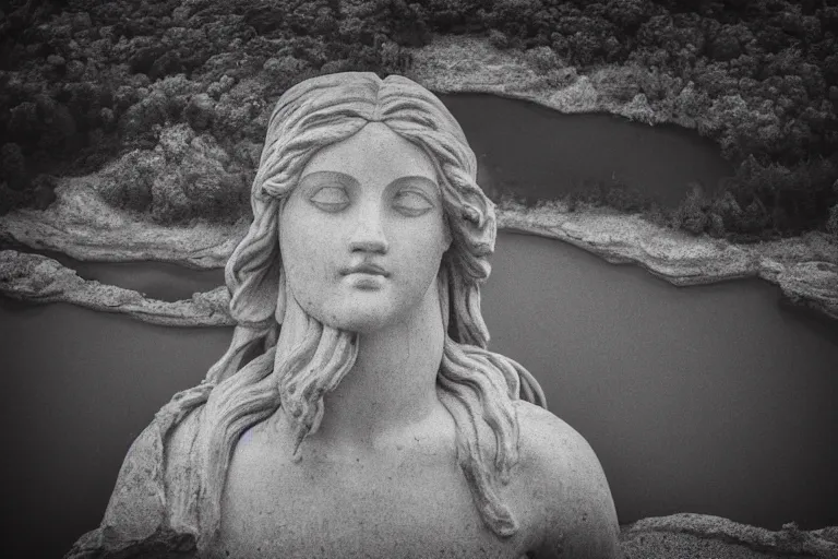 Prompt: a small boat near a masterpiece head of a giant statue of a beautiful! antic goddess with long hair, scuplted by MichelAngelo, partly sunken! in the lake!, important mist, lomography photo effect, monochrome, noise grain film, cl, surface view