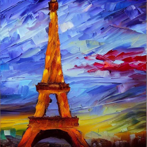 Prompt: palette knife oil painting of eiffel tower at dusk