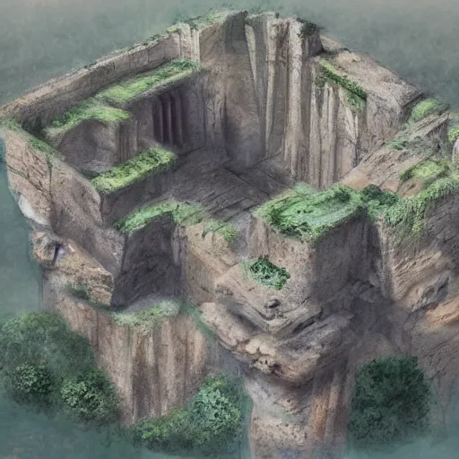 Image similar to ancient ruined city carved into a tall cliff rock, concept art