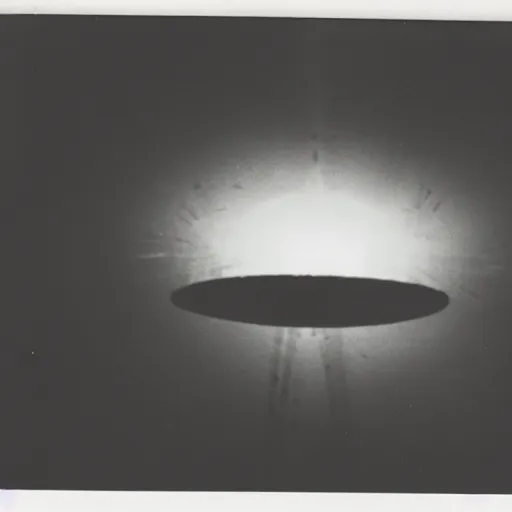 Prompt: polaroid photograph of ufo taken, two dark, silhoutted aliens are in front of it, hanebau, 1 9 5 0 s, black and white, blurry