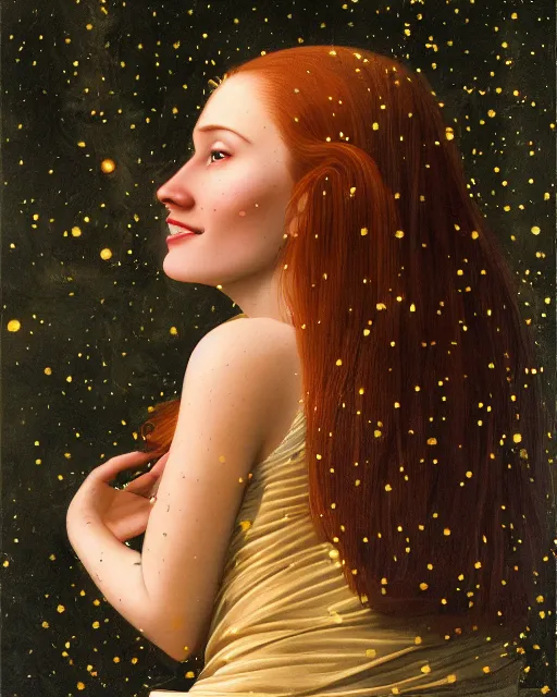 Prompt: a happy, modern looking young woman looking over shoulder, wonderful detailed dress, among the lights of golden fireflies and nature, long loose red hair, intricate details, green eyes, small nose with freckles, triangle shape face, smiling, golden ratio, high contrast, hyper realistic digital art by artemisia lomi gentileschi and caravaggio and artgerm.