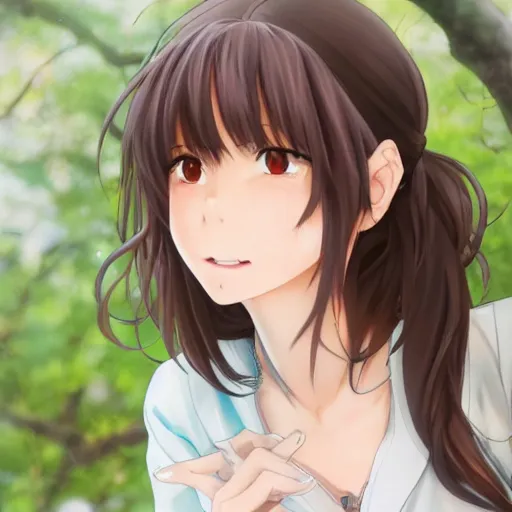 Prompt: A medium shot anime portrait of a happy woman with brown hair, a single short ponytail, she has blue eyes, open mouth, no bangs, without glasses, with a large breasts, wearing a blouse, by Stanley Artgerm Lau, WLOP, Rossdraws, James Jean, Andrei Riabovitchev, Marc Simonetti, and Sakimi chan, trending on artstation