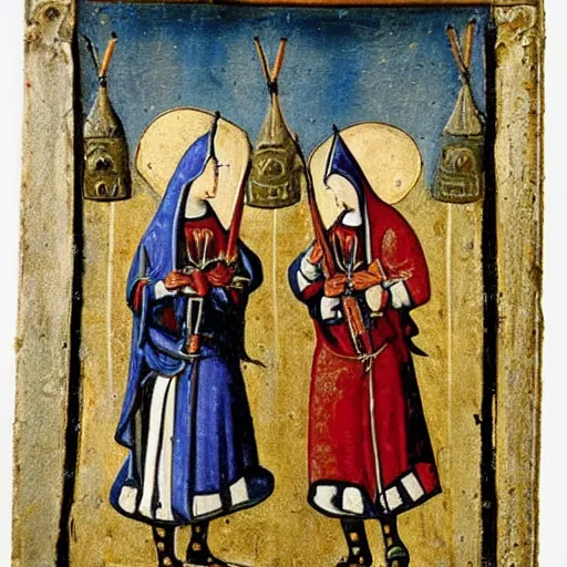 Image similar to jet pack nuns in medieval religious art