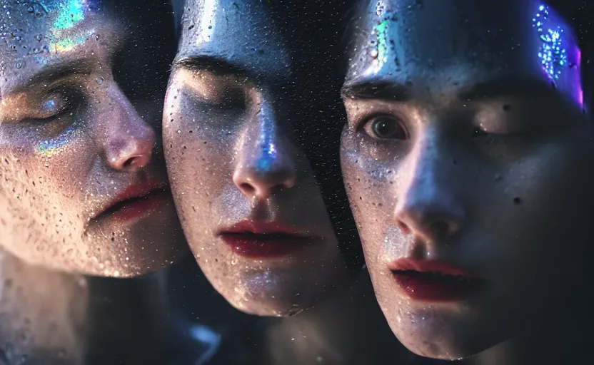 Image similar to cinestill 5 0 d candid photographic portrait by christopher nolan of two loving female androids sobbing wearing rugged black mesh techwear in treacherous waters, extreme closeup, modern cyberpunk moody emotional cinematic, pouring iridescent rain bright spotlight, 8 k, hd, high resolution, 3 5 mm, f / 3 2, ultra realistic faces, ex machina