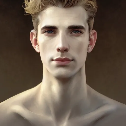 Prompt: Lucius with closed eyes smiling, clean shaven young androgynous, very detailed sharp angular masculine face, hooked nose and square jaw long fluffy curly blond hair, light blond hair, gorgeous, beautiful, intricate, highly detailed, digital painting, artstation, concept art, sharp focus, illustration, art by greg rutkowski and alphonse mucha
