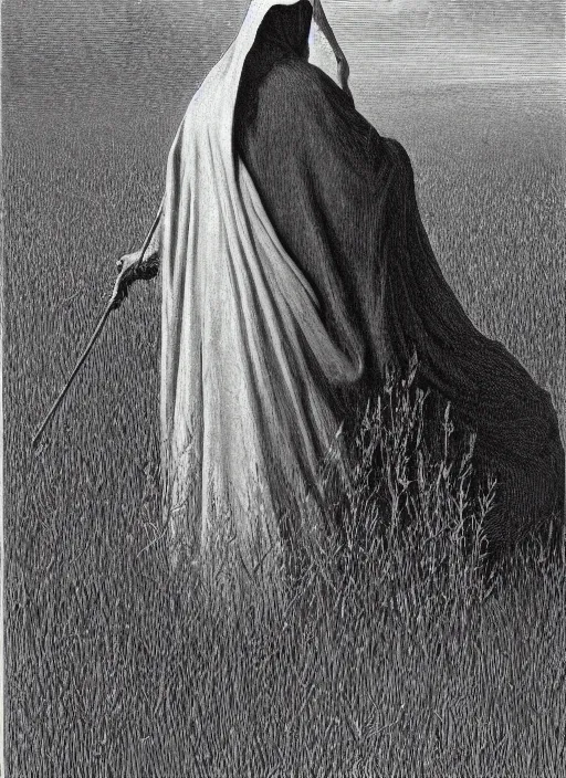 Prompt: portrait of faceless grim reaper with veil over face at distance in beautiful meadow of flowers, detailed pencil illustration by gustave dore, highly detailed, centered, high resolution, smooth, sharp focus, illustration