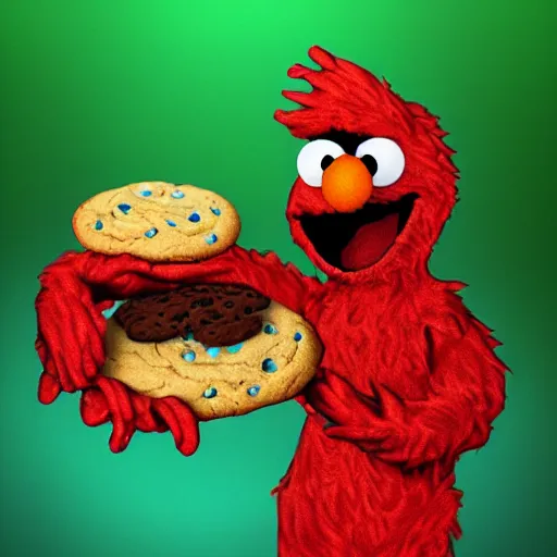 Prompt: elmo eating a cookie in hell, digital art, oil painting, 3 d,