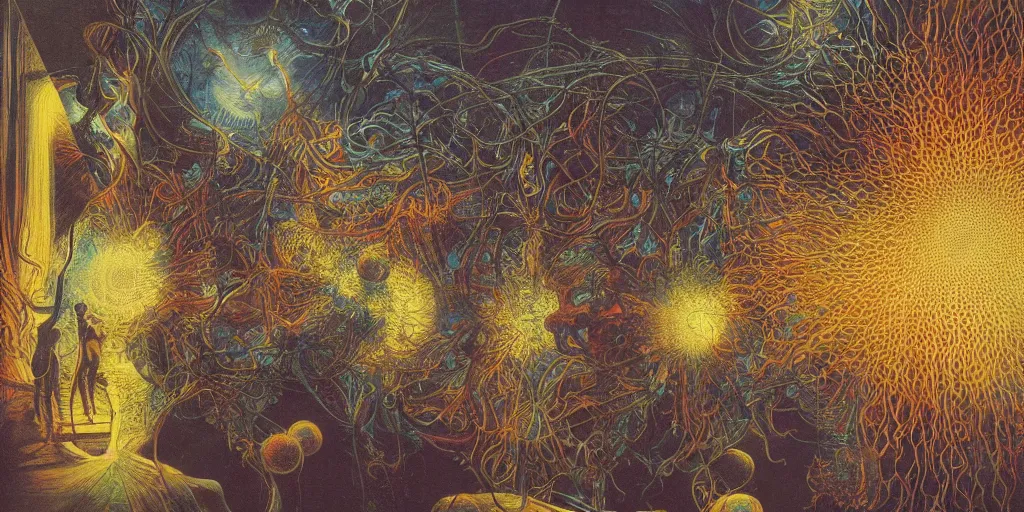 Prompt: a multiverse interpretation of a single scene with people, quantum physics, neon explosion of light, zdzislaw beksinski, by ernst haeckel, 8 k concept art, incredible masterpiece, anime illustration of a cinema, cinematic scene, viewers and directors, a futuristic theatre