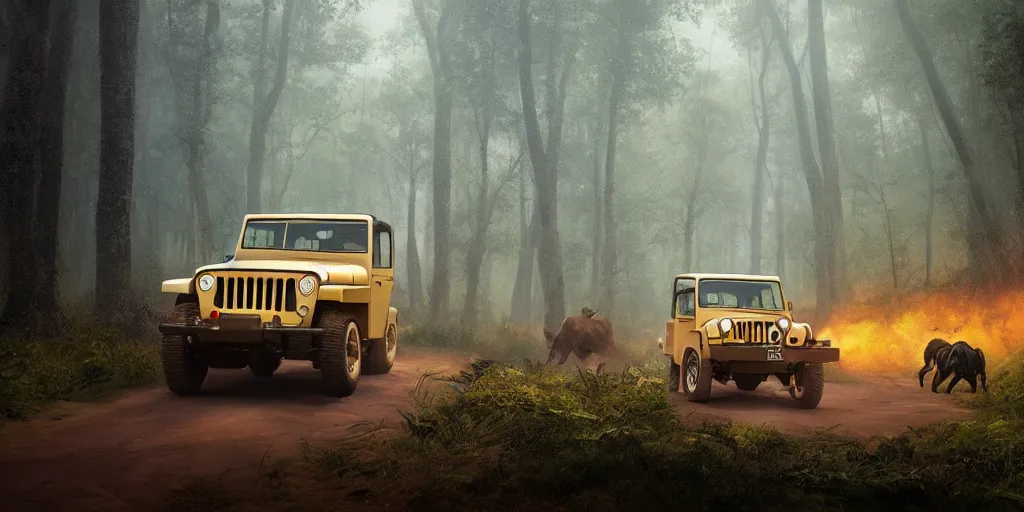 Image similar to willys jeep, in kerala forest road, chasing action scene, an epic fantasy, dramatic lighting, cinematic, establishing shot, extremely high detail, photorealistic, cinematic lighting, matte painting, artstation, by simon stalenhag, horizon forbideen west