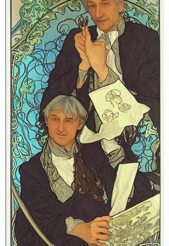 Image similar to realistic white - haired geoffrey hinton on a tarot card, tarot in art style by alphonse mucha