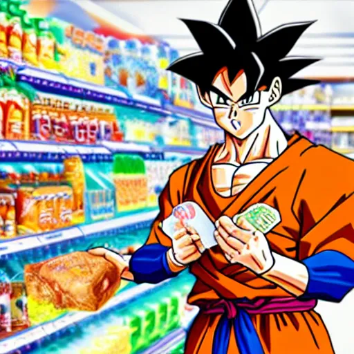 Prompt: goku buying something at the supermarket, illustration, hyperrealistic