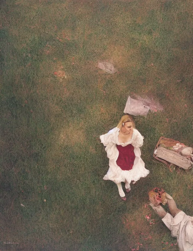 Image similar to lolita on a village, high angle view, portrait, Cinematic focus, Polaroid photo, vintage, neutral colors, soft lights, foggy, by Steve Hanks, by Serov Valentin, by lisa yuskavage, by Andrei Tarkovsky 8k render, detailed, oil on canvas