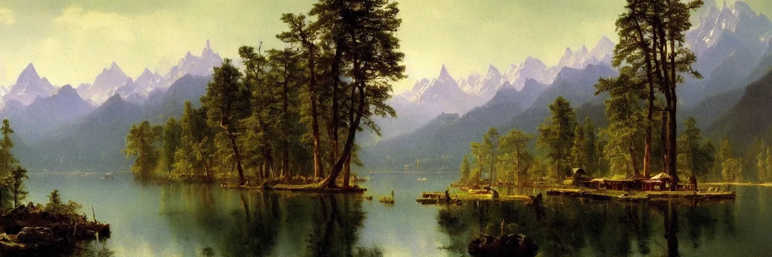 Image similar to beautiful albert bierstadt landscape painting of beautiful mountains and lakes with a mcdonald ’ s fast food restaurant in the scene