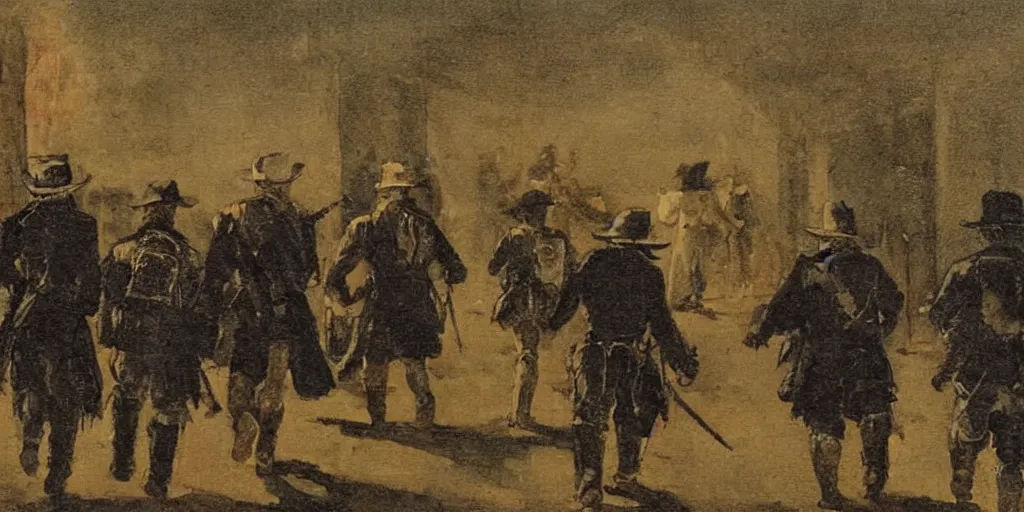 Prompt: a band of outlaws seen from the back walking toward a flaming mansion at night, as a XIXth century painting