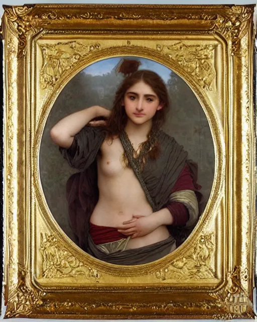 Image similar to a 16-year old girl who resembles Ana de Armas and Saoirse Ronan, dressed in ornate, detailed, intricate golden armor, detailed oil painting by William Adolphe Bouguereau