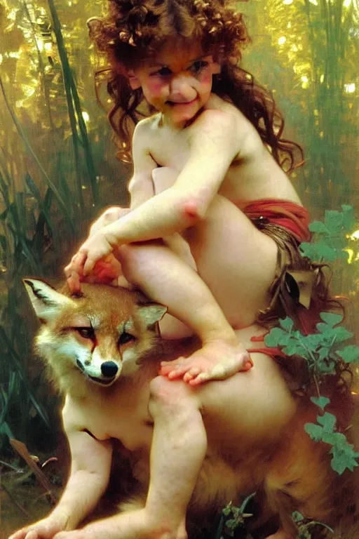 Image similar to a seven - year old with curly dirty blonde hair playing with foxes, painting by daniel gerhartz, alphonse mucha, bouguereau, detailed art, artstation