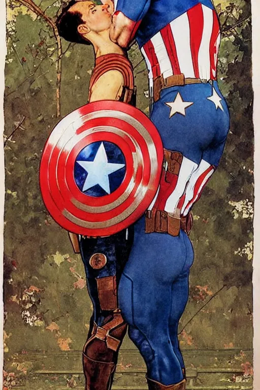 Prompt: norman rockwell painting of captain america romantically kissing captain america