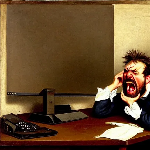 Image similar to an angry man yells at his computer monitor, oil on canvas, 1 8 8 3, highly detailed