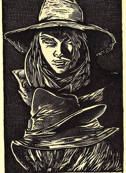 Prompt: perfectly centred realistic portrait of a character dressed in leather tight suit and witch hat, dark, chiaroscuro woodcut