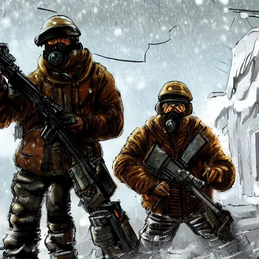 Prompt: gone with the blastwave comic scene, two soldiers in winter army gear, trench coats, gask masks, helmets with a red stripe, one soilder with sniper rifle, one soldier with flame thrower, destroyed post apocalyptic war - torn city, digital art, artstation