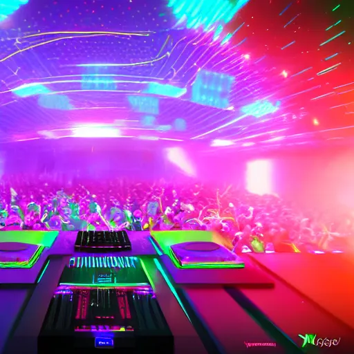 Image similar to hyper-futuristic hologram dj rave from the future. huge music festival. wall of sound. photorealistic 35mm 4k, trending on artstation