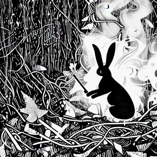 Image similar to black - and - white line art illustration of a rabbit deep in a tangled forest, smoking a cigarette, with smoke rising, whimsical masterpiece