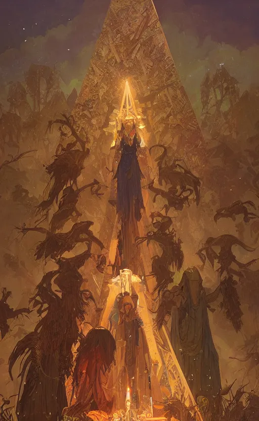 Image similar to druids raising a pyramid ancient ritual under the stars, fantasy fiction, highly detailed, digital painting, artstation, concept art, illustration, art by Greg Rutkowski and alphonse mucha