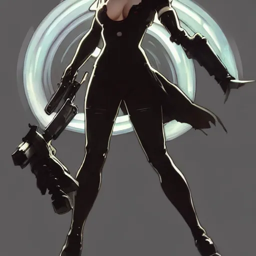 Image similar to a digital concept art by artgerm and greg rutkowski and alphonse mucha. clear portrait of 2 b nier automata in a skintight suit holding a gun!! hyper detailed, character concept, full body!! dynamic pose, glowing lights!! intricate, elegant, highly detailed, digital painting, artstation, concept art, smooth, sharp focus, illustration
