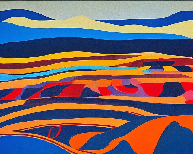 Image similar to A wild, insane, modernist landscape painting. Wild energy patterns rippling in all directions. Curves, organic, zig-zags. Saturated color. Mountains. Clouds. Rushing water. Wayne Thiebaud.