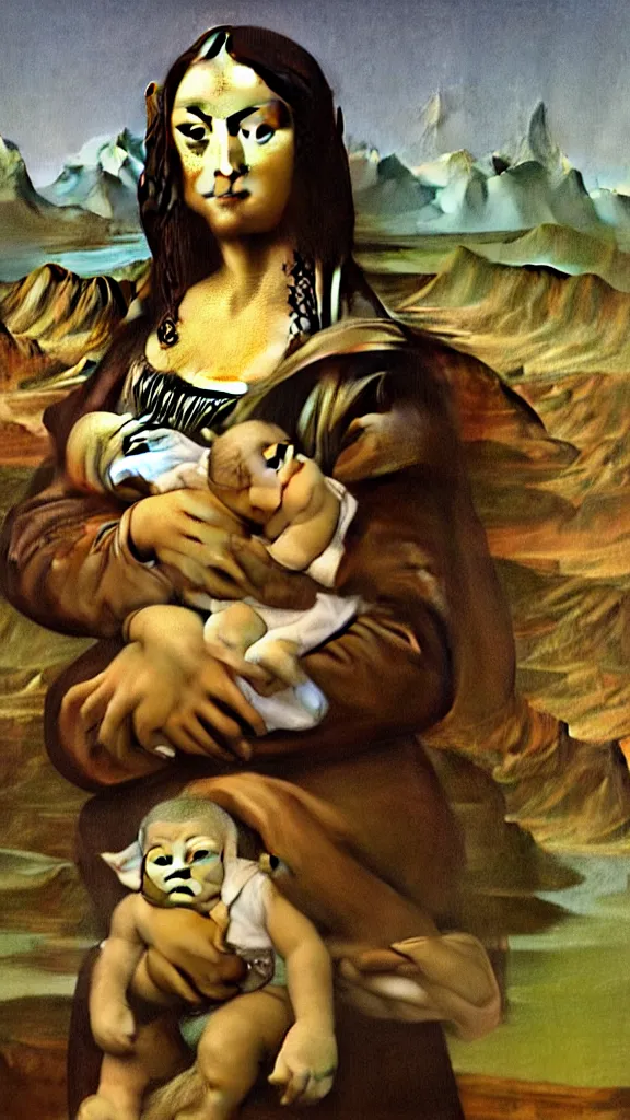 Image similar to the Mona Lisa holding Baby Yoda, painting in the style of the Mona Lisa