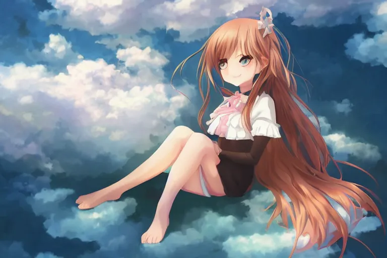Prompt: a cute anime girl sitting on a cloud, digital art, anime,