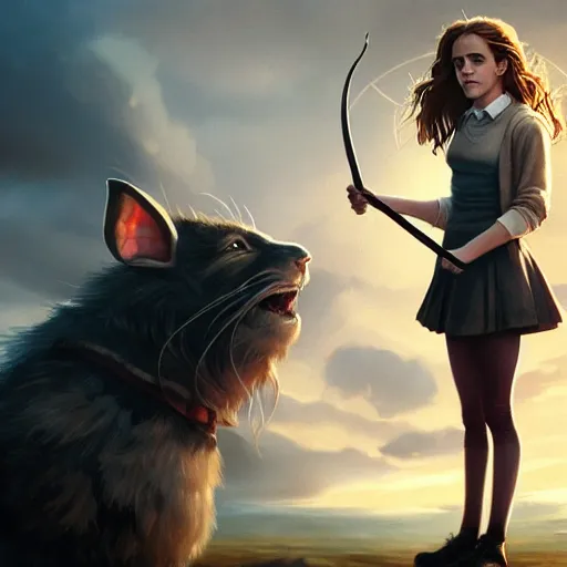 Prompt: emma watson as hermione granger standing in front of a giant mouse, smiling, holding the elder wand, digital art by greg rutkowski, artstation, sharp focus, intricate, detailed, but as photography by steve mccurry