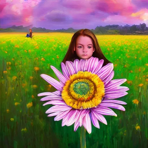 Image similar to giant daisy flower head, portrait of girl in flower field, holding daisy, surreal photography, sunrise, impressionist painting, colorful clouds, digital painting, artstation, simon stalenhag, flower face