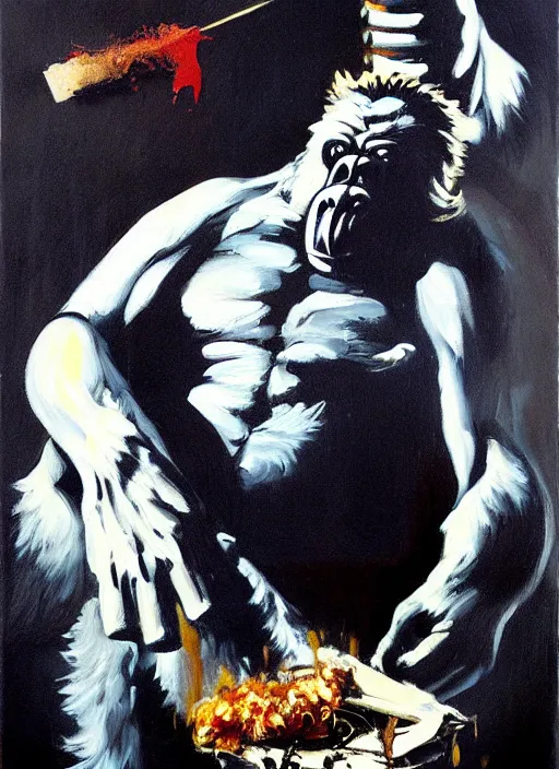 Image similar to raging bigfoot, smoking meth, painting by phil hale, fransico goya, david lynch,'action lines '!!!, graphic style, visible brushstrokes, motion blur, blurry