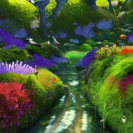 Image similar to found footage of a vast heavenly garden of peace, wide eden filled with surreal trees, stone slab, colourful wild flowers, moss sheds, fern towers, small stream and puddles, birds singing, early morning mild lighting, volumetric lighting, hyper realistic