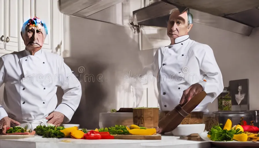 Prompt: vladimir putin in white apron in kitchen cooking dinner. stock photo, high key lighting, photograph