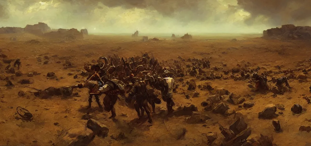 Image similar to The arms of god and death, wide shot, epic scale, photorealistic, muted colors, long shadows, split image, by Ilya Repin Greg Rutkowski Asher Duran