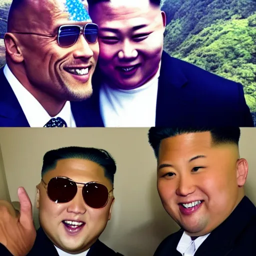 Image similar to dwayne johnson and kim jong - un, selfie, phone photo,