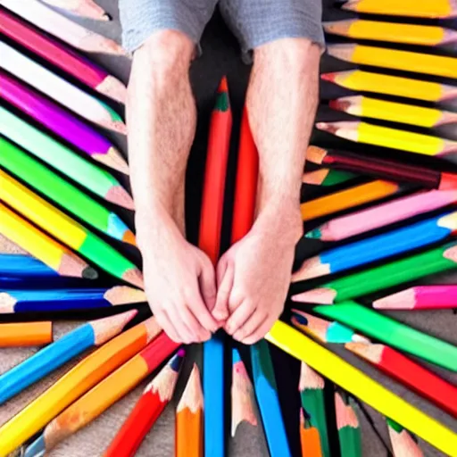 Image similar to exhausted man surrounded by colored pencils and papers