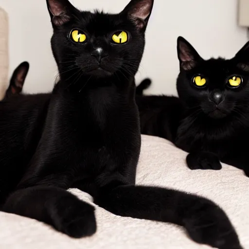 Prompt: photo of a group of black cats with huge buggy googly eyes, sitting on a bed