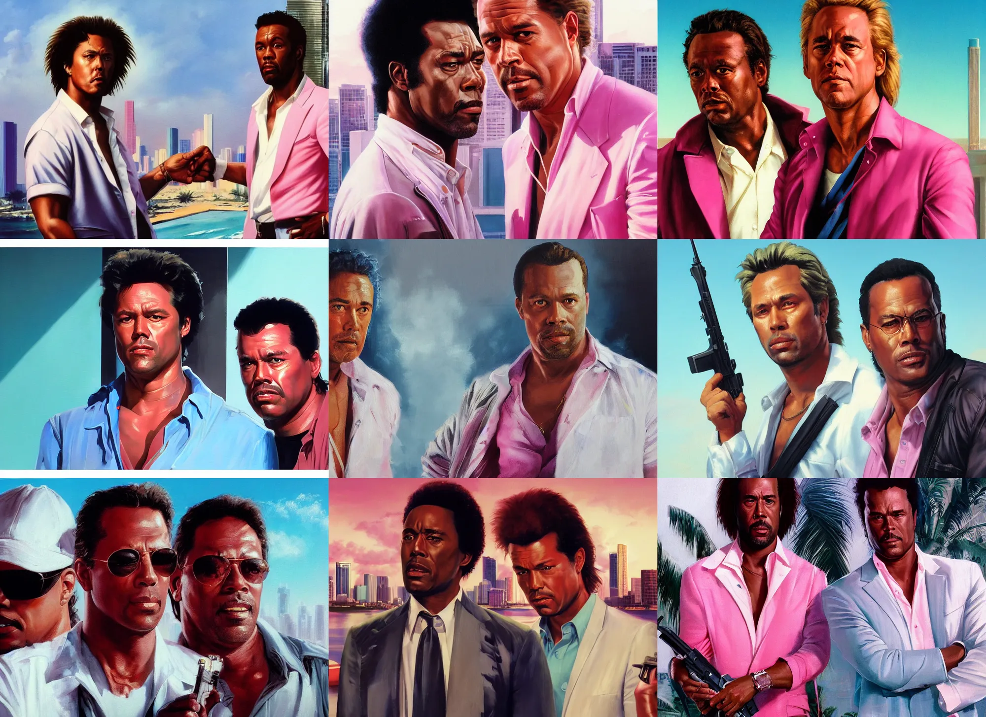 Prompt: a closeup portrait painting of crockett and tubbs in eighties miami vice, ultra realistic, highly detailed faces, true life, 8 k, masterpiece, cinematic, by frank frazetta, greg rutkowski, yoko taro, christian macnevin, beeple, wlop, krenz cushart, epic character art, dramatic lighting, pink white turquoise