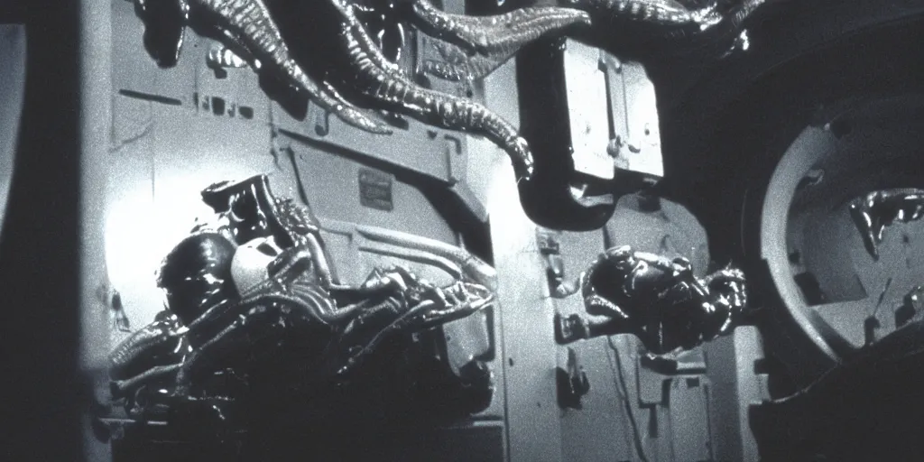 Image similar to Ridley Scott cinematic scene from Alien movie with Ripley hiding in a corner, low light, dark, grainy, 35 mm, realistic, Panavision PSR R-200