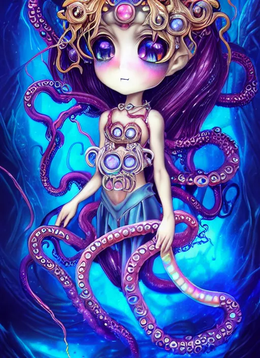 Image similar to A full shot of a chibi girl from the Abyss covered in opal. Symmetrical. Underwater. Dark foreboding Atmosphere. Sailor Moon. Tentacles. Kawaii. Rainbows. By Lisa Frank and HR Giger and Ross Tran. Key Art. Fantasy Illustration. award winning, Artstation, intricate details, realistic, Hyperdetailed, 8k resolution. Photoreal. Octane Render.