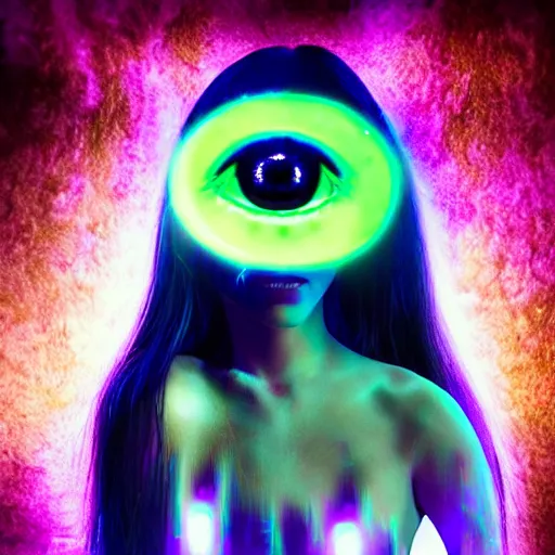 Image similar to incredible digitized fractalizing infinity girl of innocence and macabre intent eyes glowing iridescent volumetric neon