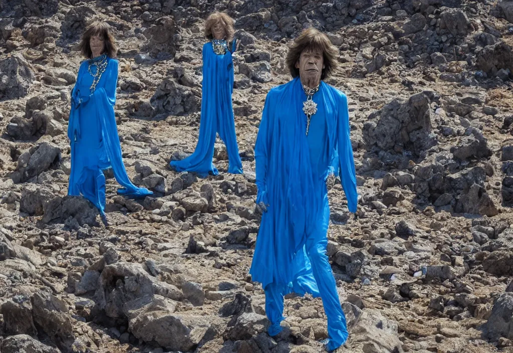 Prompt: mick jagger dressed in blue costume with many jewels in a dry rocky desert landscape, ultradetailed alien city and alien spaceship in the style of giger, filmed by christopher doyle and alejandro jodorowsky, anamorphic lens, kodakchrome, cinematic composition, masterpiece, 8 k