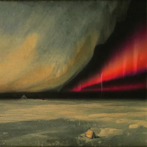 Image similar to the epic abstract painting'blue arctic void with black and red aurora borealis above a tiny inuit village ', by caspar david friedrich!!!, by rothko!!!, stunning masterpiece, trending on artstation