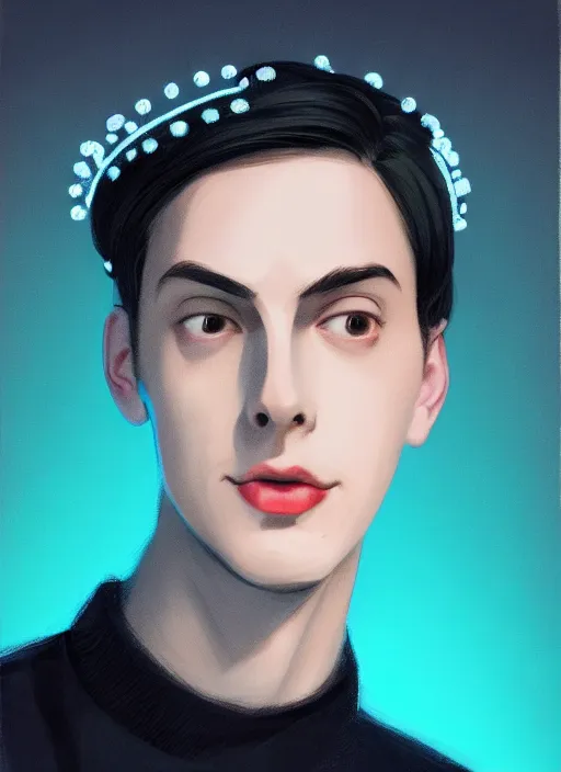 Image similar to portrait of teenage jughead jones wearing a light grey crown, crown, blue turtleneck, 1 9 5 0 s, closed eyes, photorealistic, black hair, glowing lighting, intricate, elegant, glowing lights, highly detailed, digital painting, artstation, concept art, smooth, sharp focus, illustration, art by wlop, mars ravelo and greg rutkowski