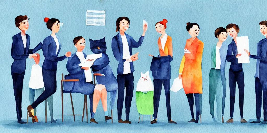 Image similar to watercolor illustration style, group of office workers cats in jackets select a different type of project before start design production, business, inspiring art